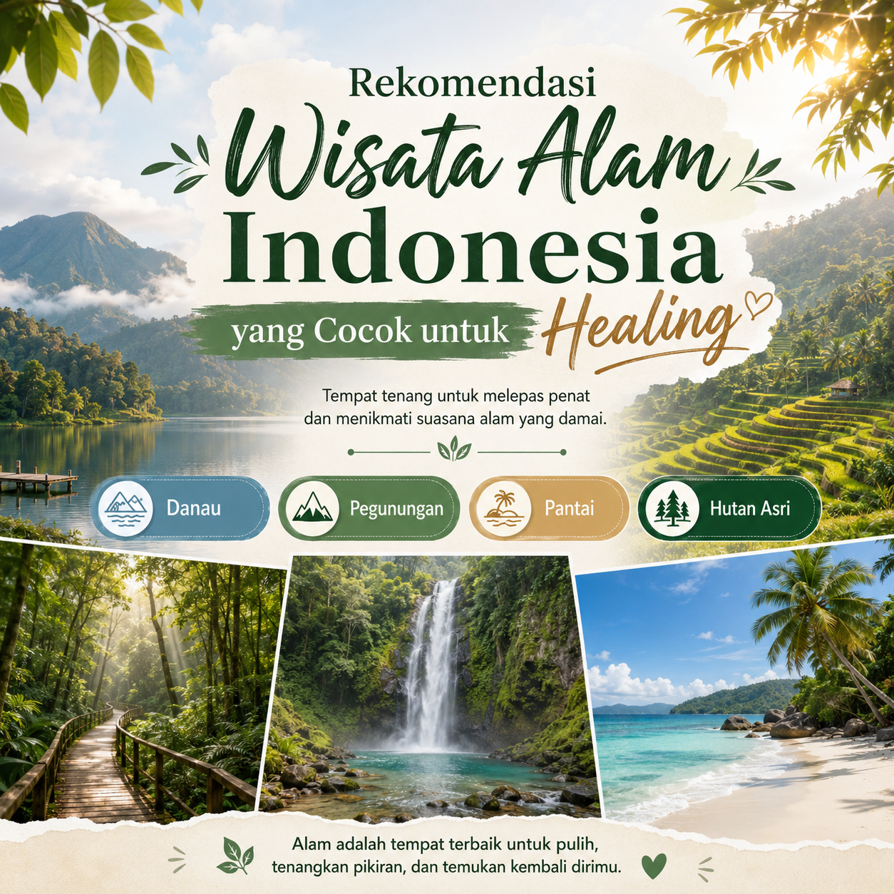 Temukan rekomendasi wisata alam Indonesia yang cocok untuk healing, melepas penat, dan menikmati suasana tenang jauh dari hiruk pikuk kota.