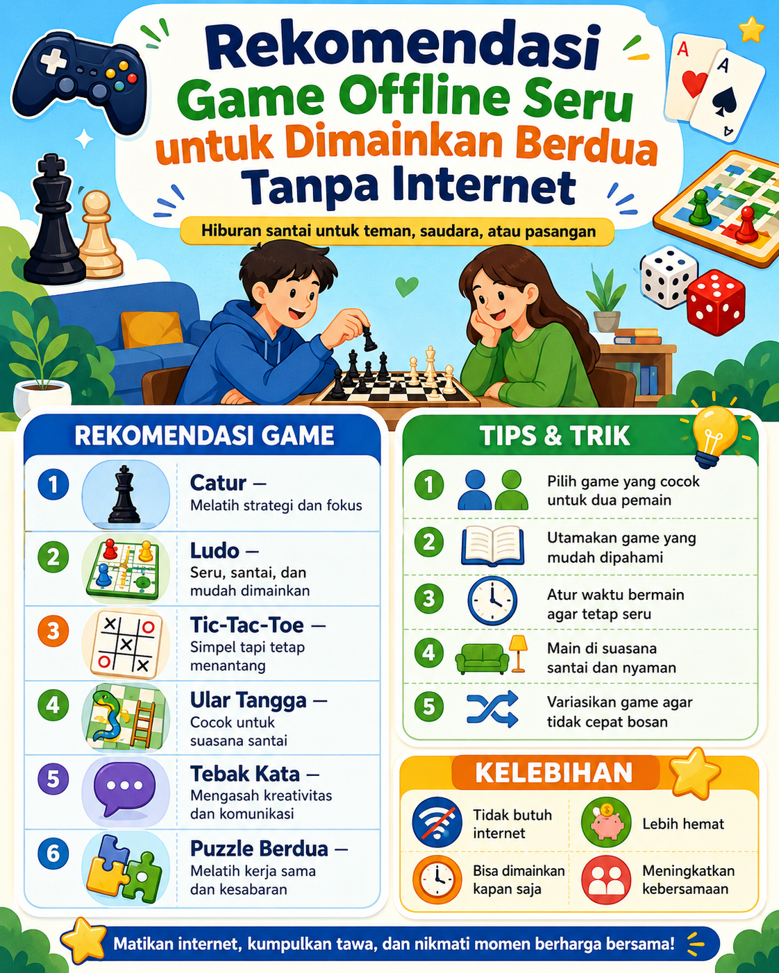 Rekomendasi game offline seru untuk dimainkan berdua tanpa internet, cocok jadi hiburan santai bersama teman, saudara, atau pasangan.