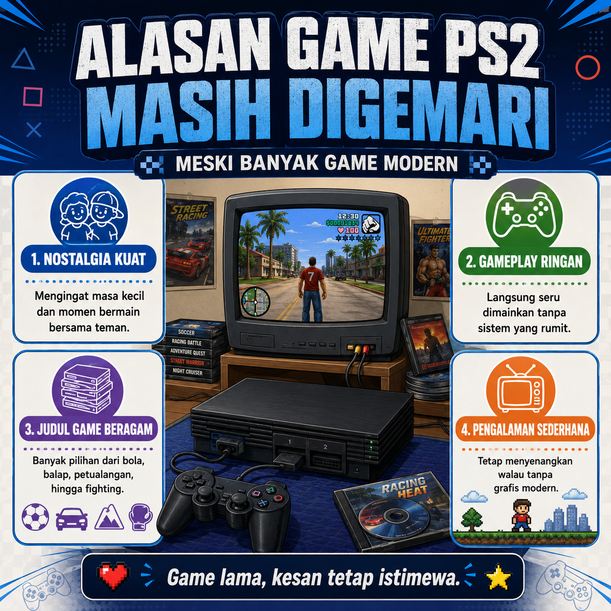 Game PS2 masih digemari karena nostalgia, gameplay ringan, pilihan judul beragam, dan pengalaman bermain sederhana yang tetap seru hingga kini.